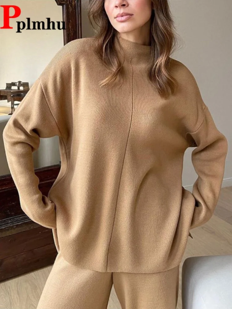 

Женский повседневный вязаный свитер с воротником-стойкой и свободные модные брюки с высокой талией на резинке, комплект