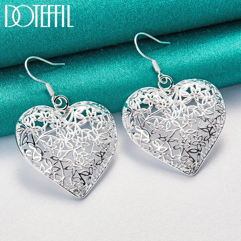 DOTEFFIL 925 Sterling Silver Hollow Heart Flower Earrings For Women Best Gift Wedding Engagement Jewelry