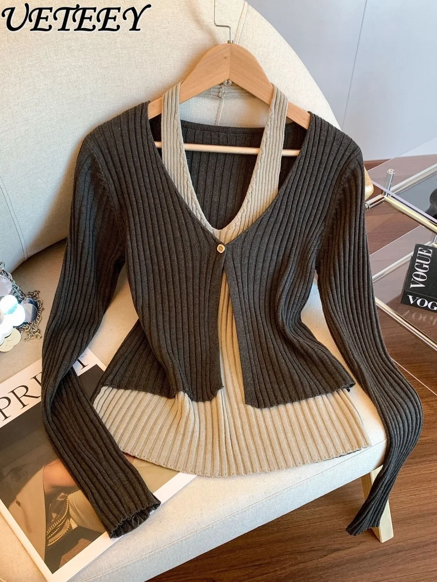 Retro Fake Two-Piece Halter Neck Long Sleeve Knitted Sweater for Women Autumn New Design Sense Waist-Cinching Slimming Top