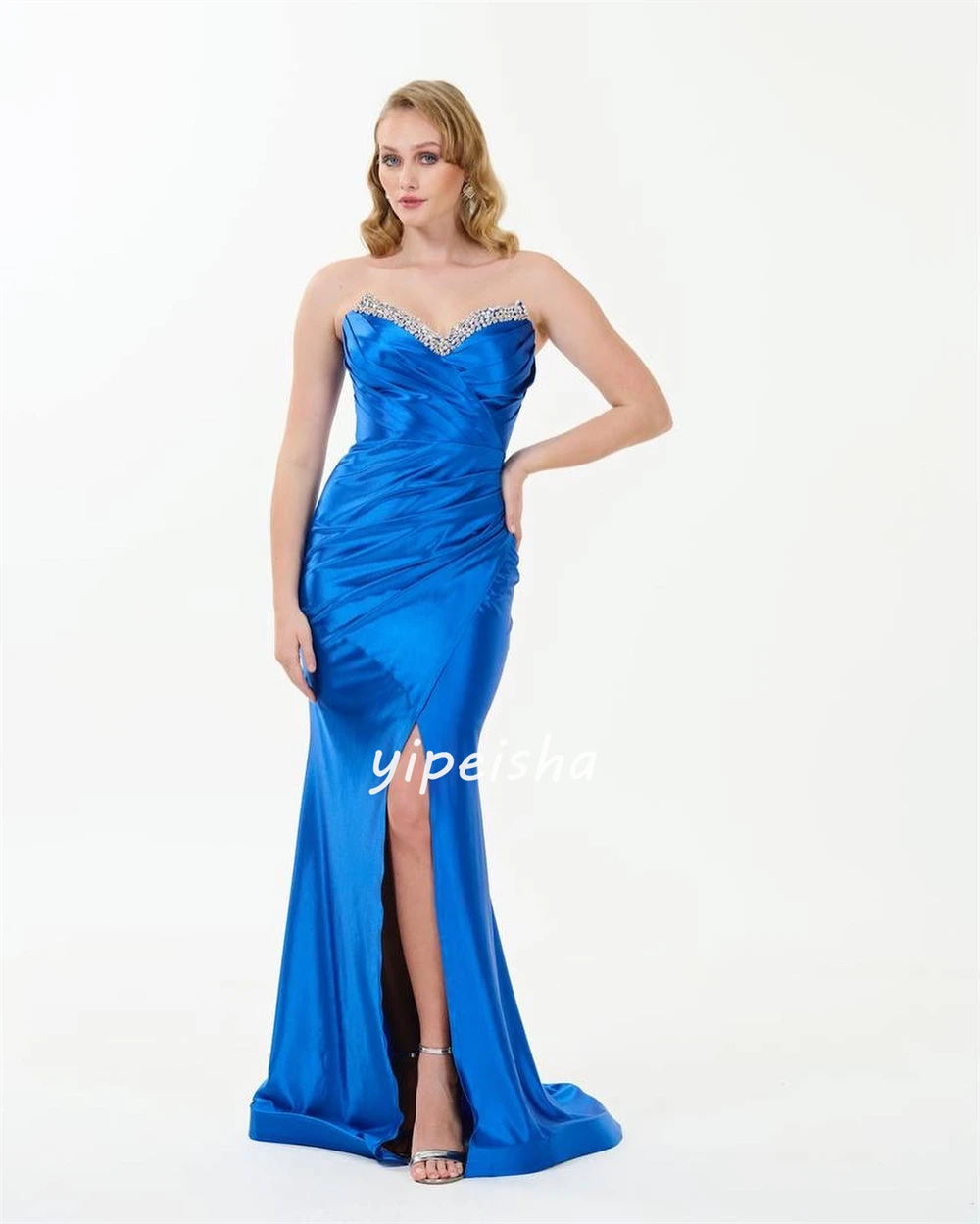 Satin Rhinestone Evening A-line Strapless Bespoke Occasion Gown Long Dresses