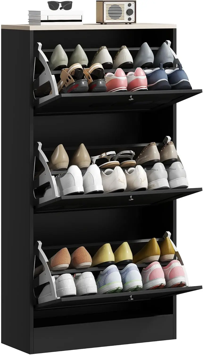 

Shoe Storage Cabinet with 3 Flip Drawers, Wooden Freestanding Shoe Organizer with Adjustable Shelves for Entryway, Customized