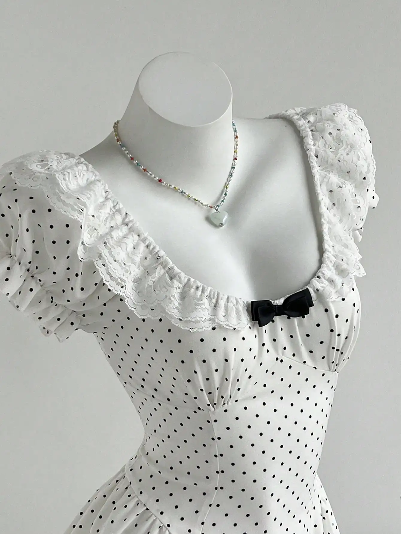 

Elamini Sweet Polka Dot Patchwork Ruffle Petal Sleeve Bow Tie Waist Cute Mini Dress For Women