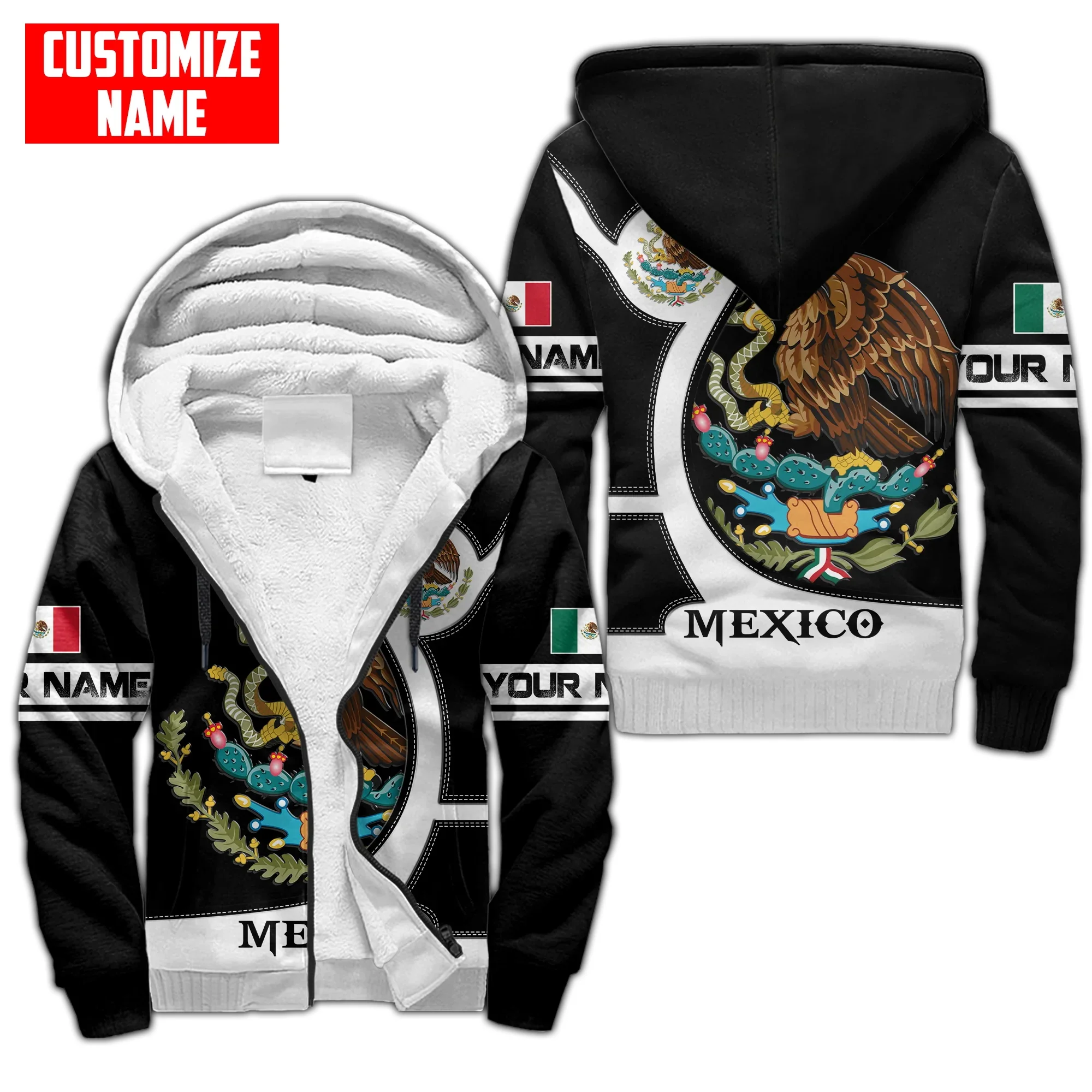 Personalized Name Mexico Flag Coat of Arm 3D Printed Fleece zipper Hoodies Unisex Winter Warm plus velvet Jacket Coat JRL09