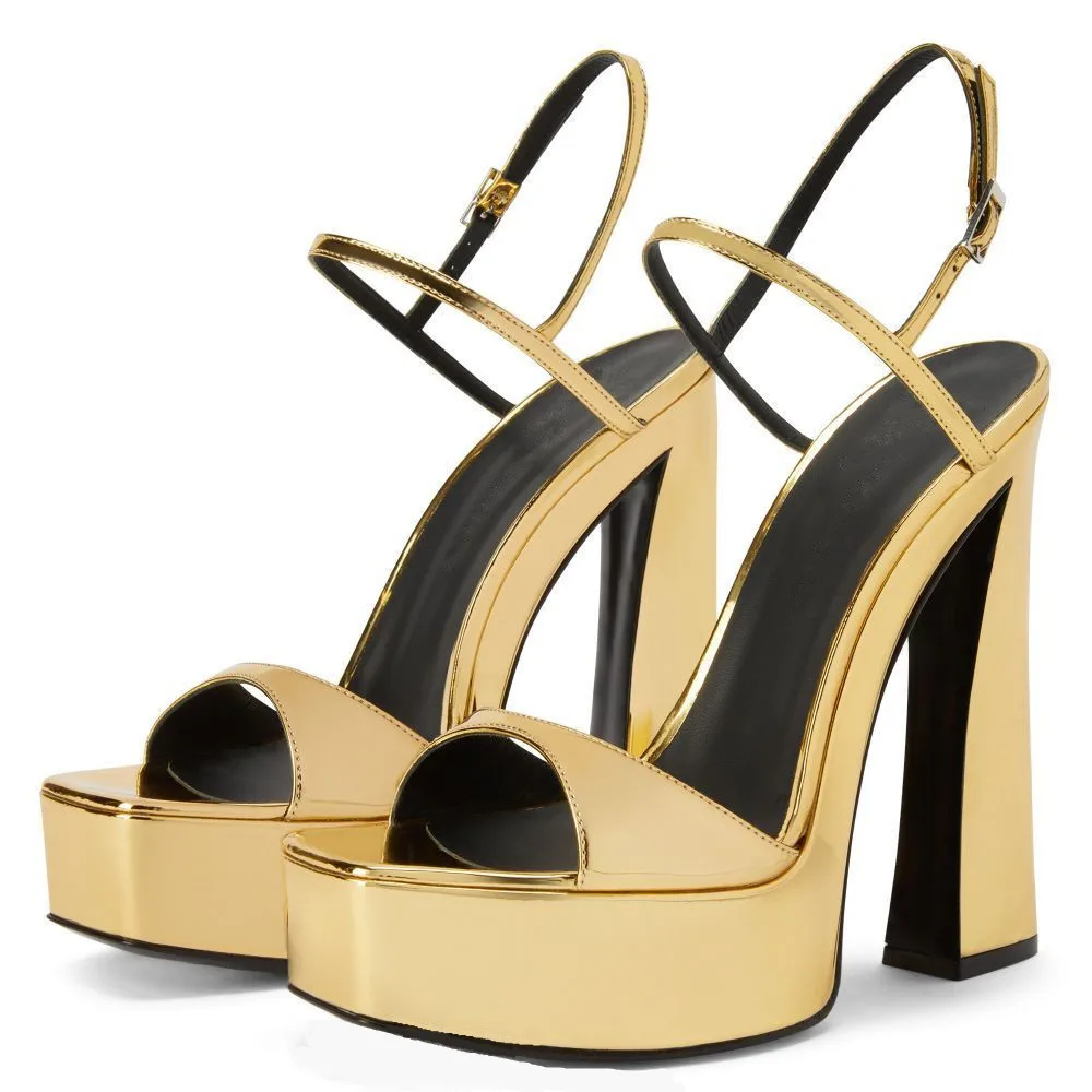 MILI-MIYA Concise Design Women Patent Leather Square Toe Sandals Super High Thick Heels Ankle Wrap Big Size 36-43 Dress Party