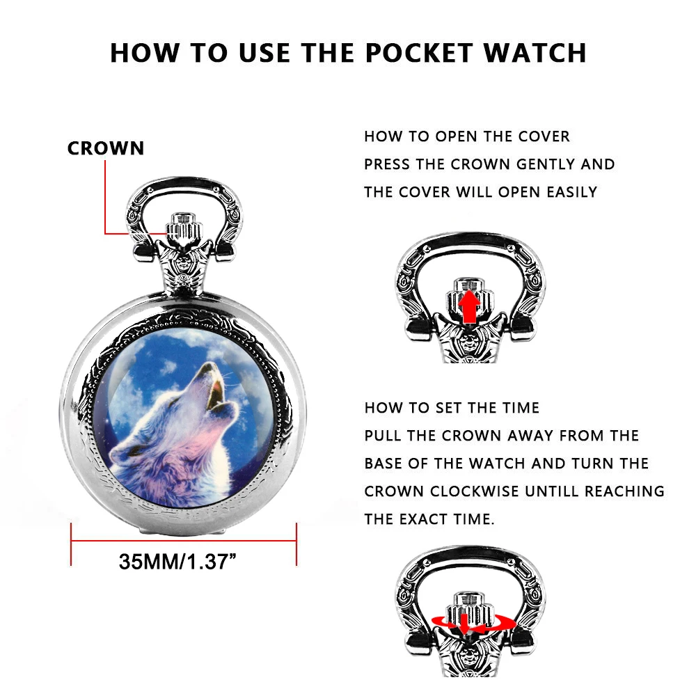Vintage Route Moon Wolf Pattern Pocket Watch Women Men Fashion Quartz Necklace Pendant World Time Display Electronic Movement