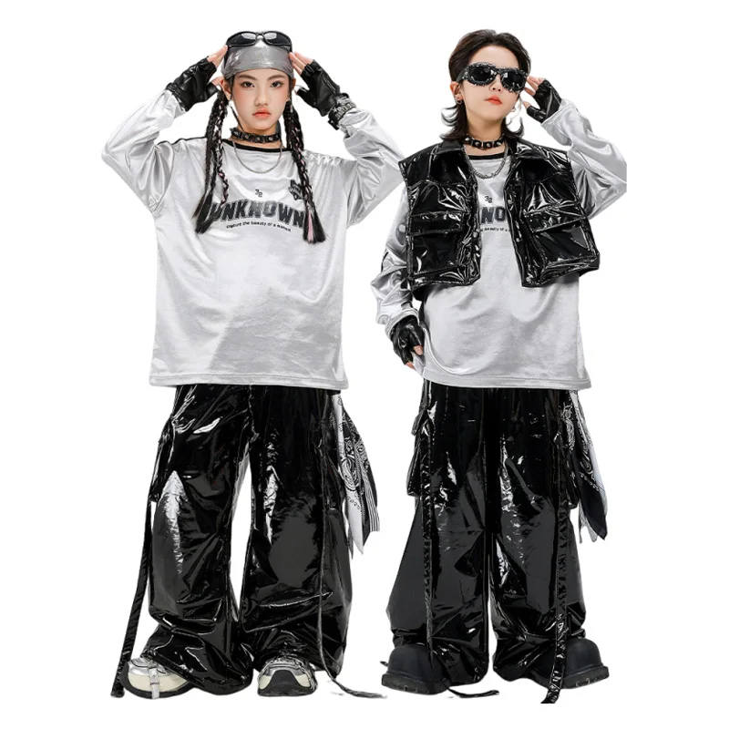 

Детская одежда в стиле K-pop и хип-хоп, топы с светоотражающим принтом, уличная одежда, блестящие черные жилеты и брюки для девочек и мальчиков, костюм для джазовых танцев