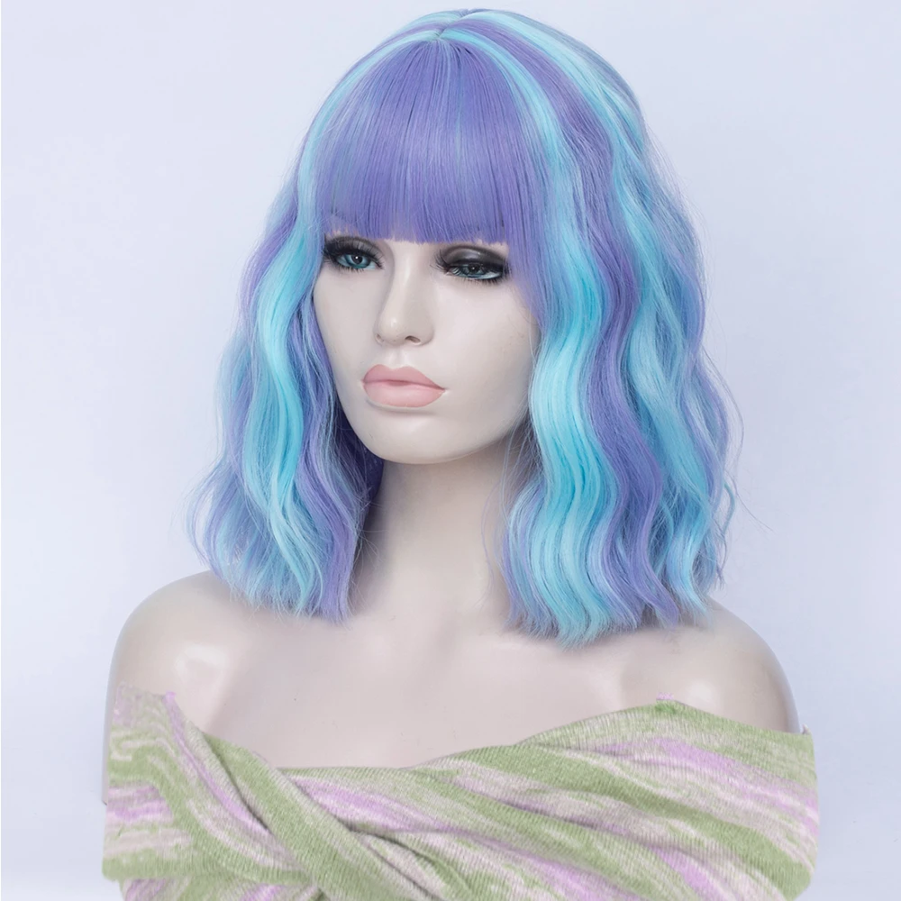 Sintético curto azul misturado roxo encaracolado onda bob peruca com franja para mulheres diário cosplay festa usar resistente ao calor cabelo falso