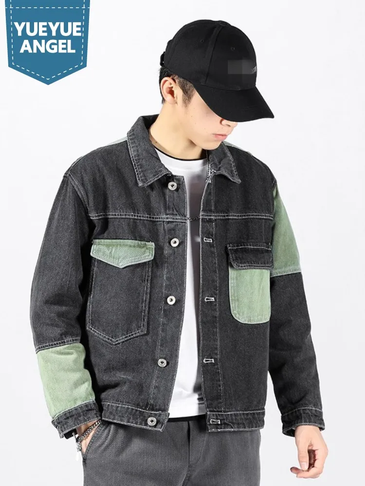 Spring Mens Denim Jacket Fashion Colors Panelled Design Casual Outerwear Loose Fit Long Sleeve Single-Breasted Winter Short Coat