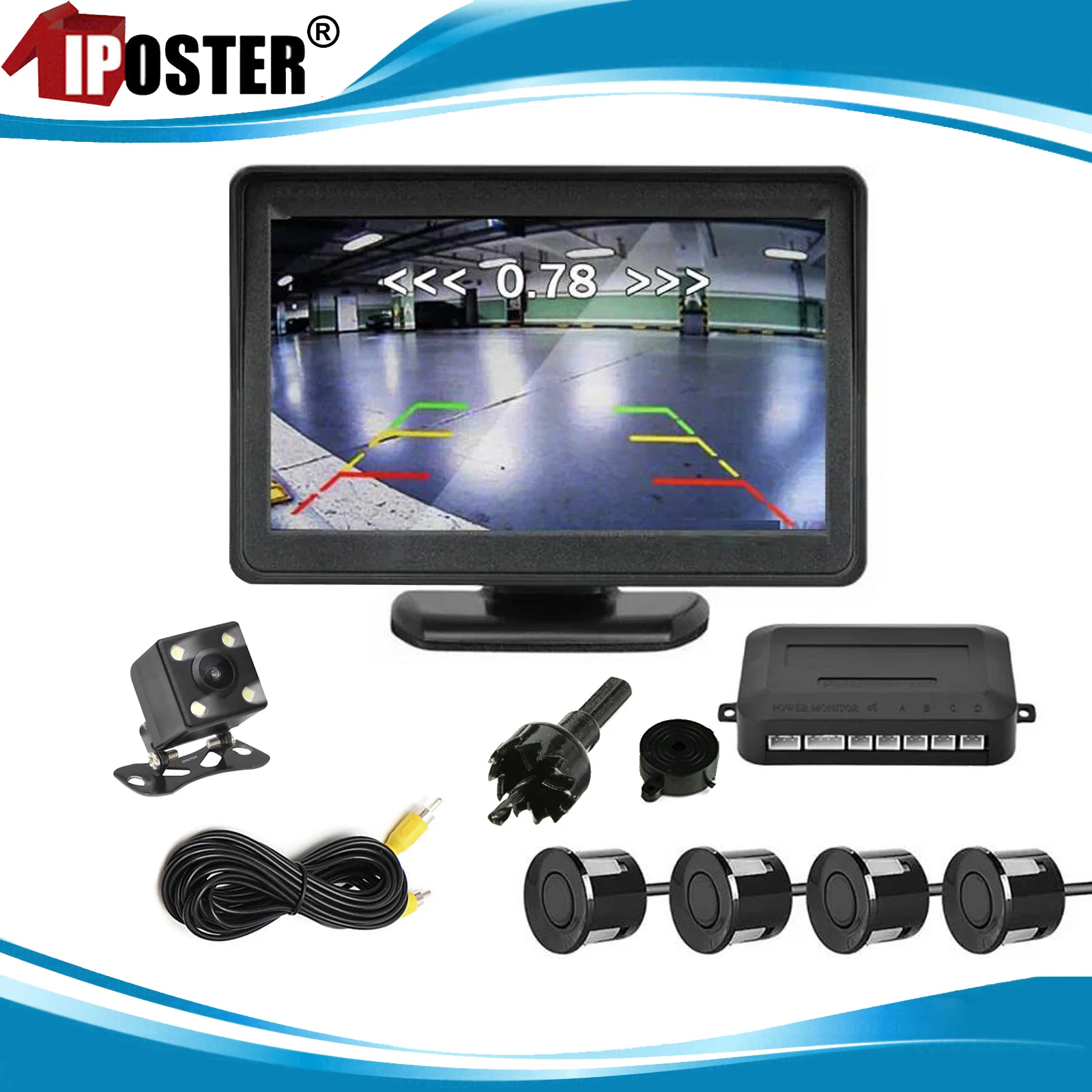 

iPoster Parking Assistance Sensor 12V Backup Radar With Rear View Camera + 4.3 inch LCD Car Rearview Monitor Video Parking