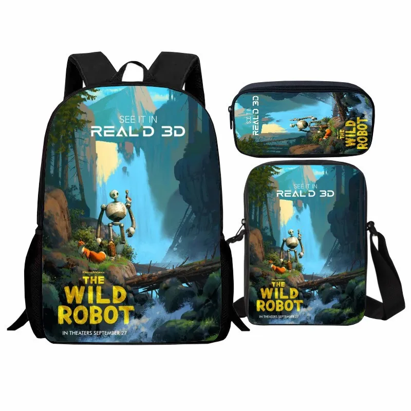 Zestaw 3-częściowy: Plecak szkolny z nadrukiem \"Dzikie Roboty Toalety\", torba na ramię z robotem dzikim.