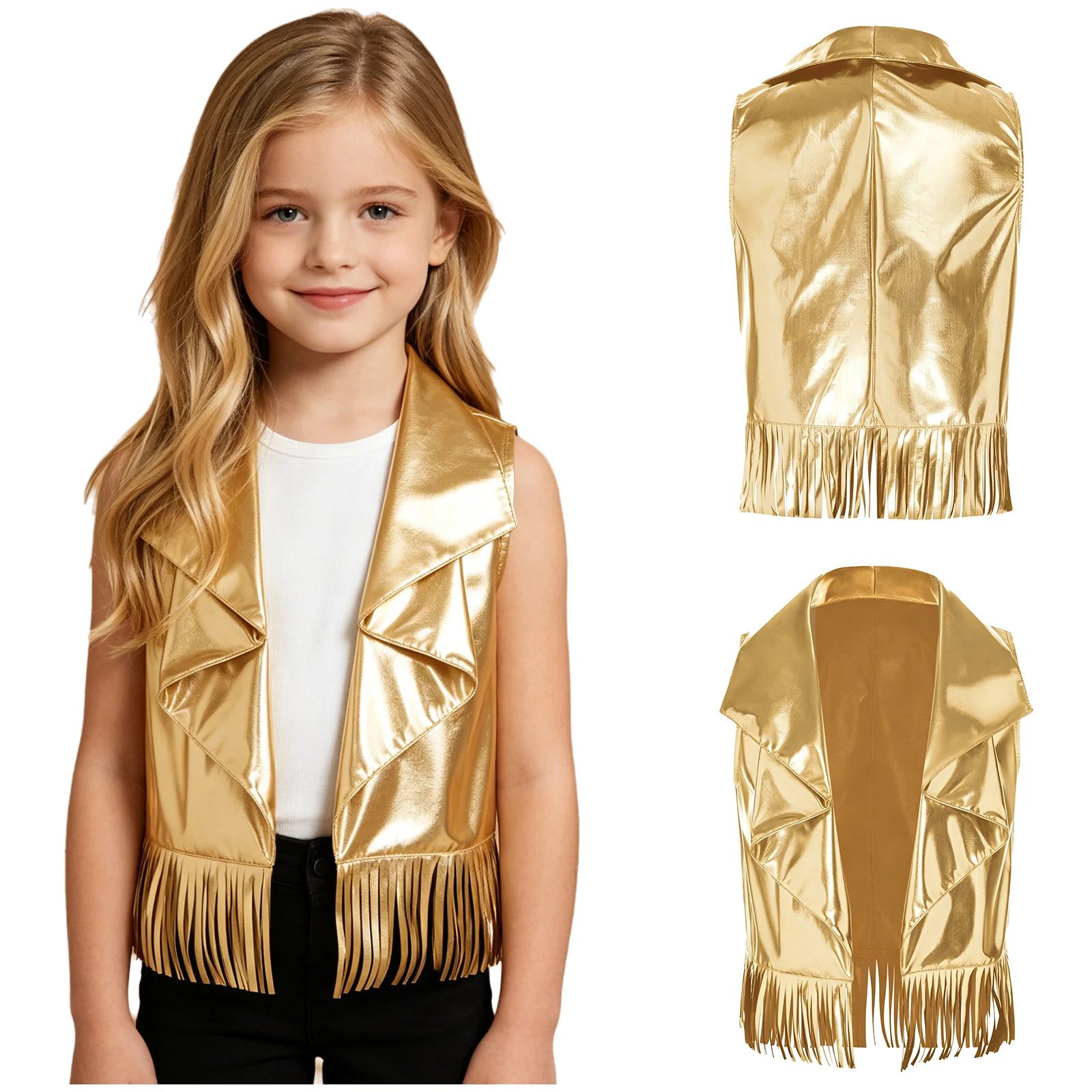 

Children Jazz Dance Tank Top Waterfall Lapel Collar Metallic Shiny Sleeveless Bottom Tassel Fringe for Stage Show Competitione