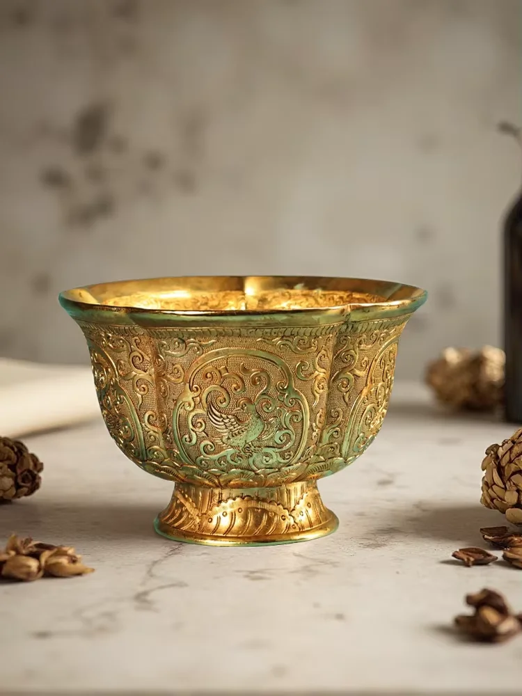 Old Bronze High Relief Gilded Phoenix Flower Pattern Petal Bowl sacrificial vessel Buddha Bowl study screen Town house Exorcism