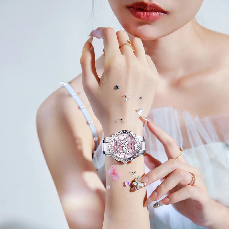 GUANQIN Luxury Women Quartz Watch Butterfly Pattern Rhinestone-Encrusted Bezel Stainless Steel Case 30M Waterproof Watches Lady