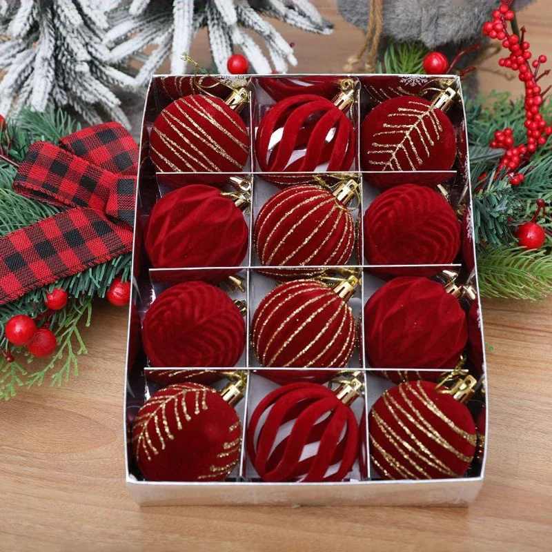 Bolas colgantes de terciopelo para árbol de Navidad, adornos de bolas de Navidad, vino tinto, 12 piezas, decoración de fiesta de año nuevo