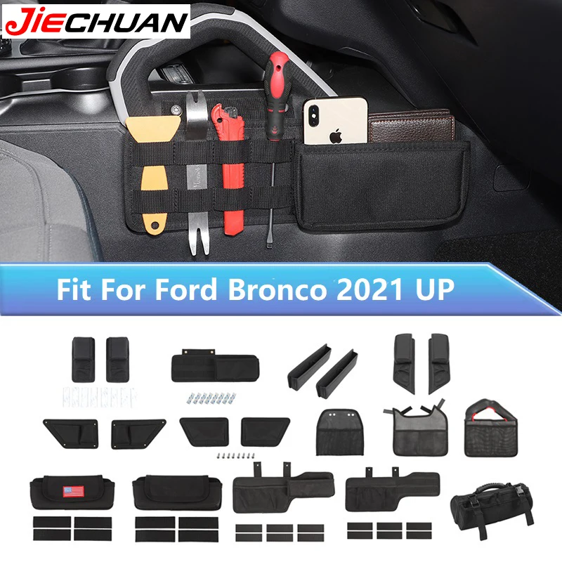 

JIECHUAN Car Door Gear Shift Storage pack Organizer Mesh Bag For Ford Bronco 2021 2022 2023 2024 2025 Up,Interior Accessories