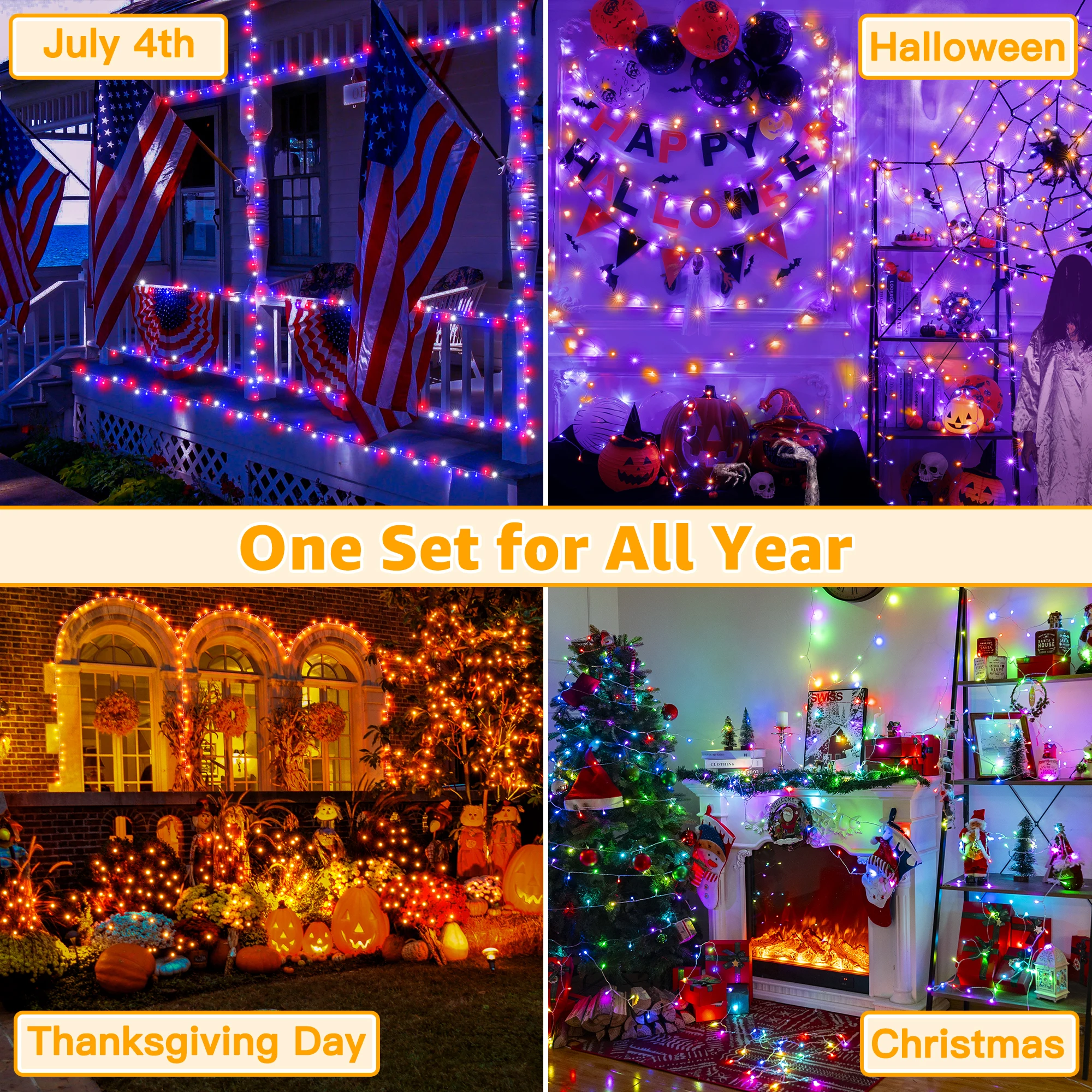 Ollny RGB 4th Lights 100 LEDs 33FT سلك شفاف مع جهاز تحكم عن بعد، سلسلة إضاءة خارجية مقاومة للماء لحفلة عيد الميلاد والهالوين #6