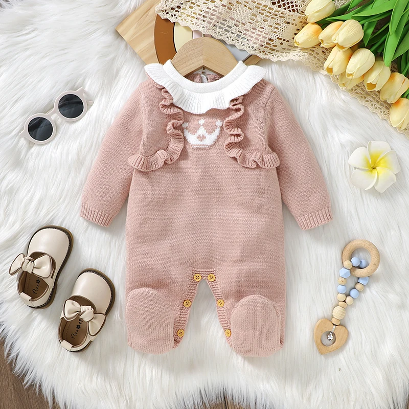 

Newborn Baby Romper Knitted Infant Girl Jumpsuit Long Sleeve Autumn Watm Toddler Kid Clothing Fashion Ruffles 0-9M Foot Wrapping