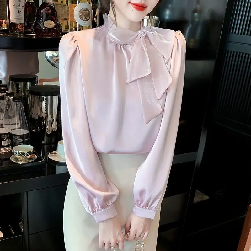 Womens Korean Fashion Beaded Bow High Quality Blouse Office Lady Elegant Chic Commute Shirt Ruffled Long Sleeve Loose Fairy Tops