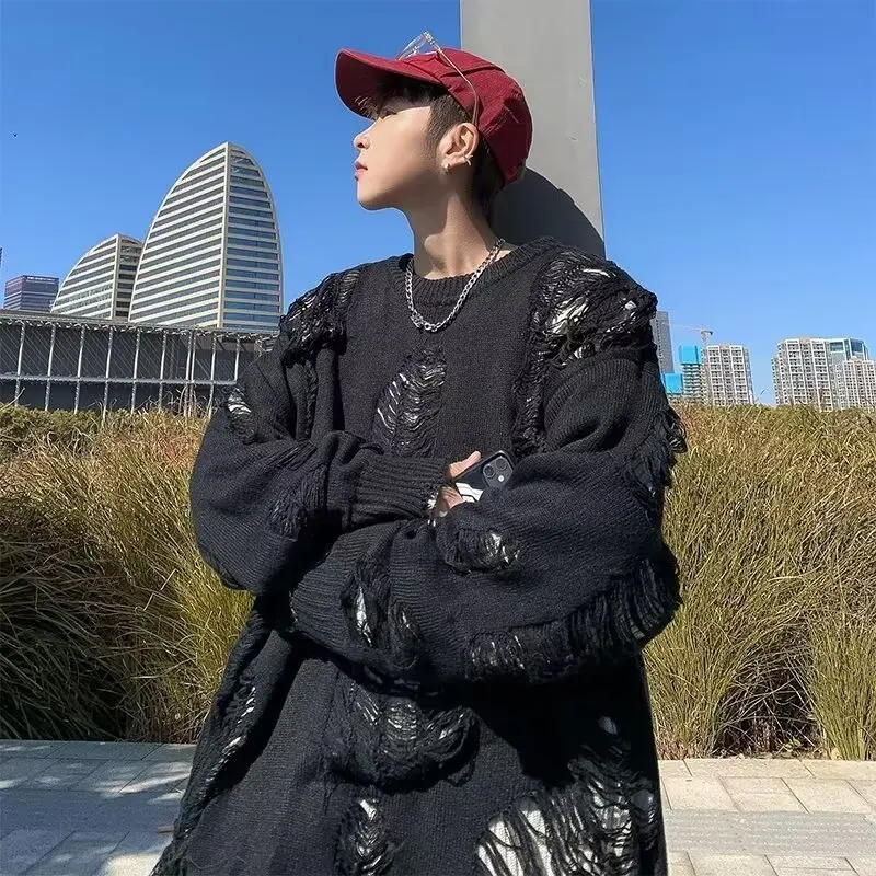 y2k Loose Fit Hole Sweater Mens Autumn Vintage Design Casual Long Sleeve Knit Tops High Street Fashion Pullover Knitwear Male