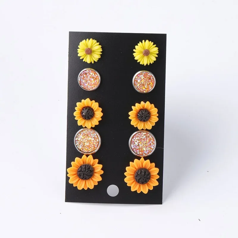 Fashion Metal Gypsophila Stud Earrings Sets Bright Sunflower Flower Acrylic Earrings for Women Cute Girl Jewelry 5 Pairs /set