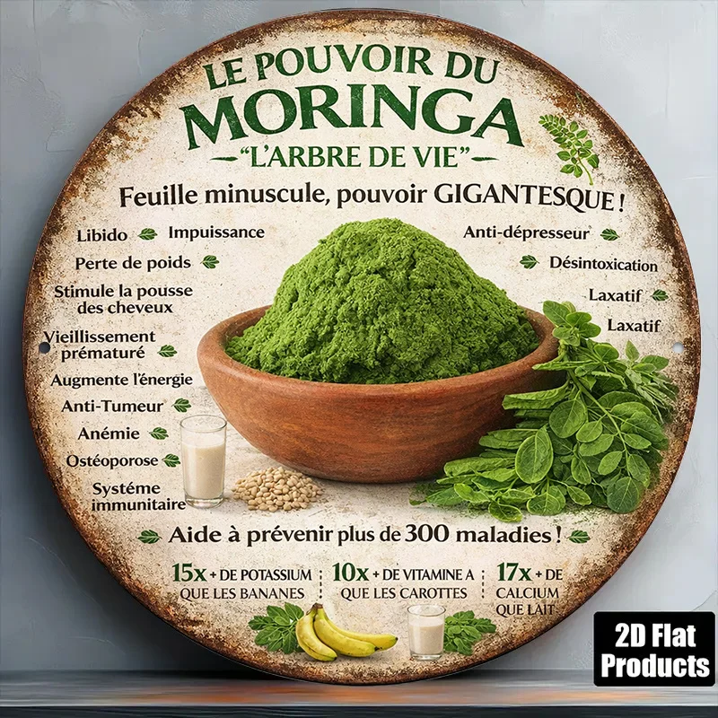 2D Metal Sign 8x8in Round Aluminum Vintage Wall Decor for Kitchen Cafe Moringa Tree of Life Antioxidant Energy Gift
