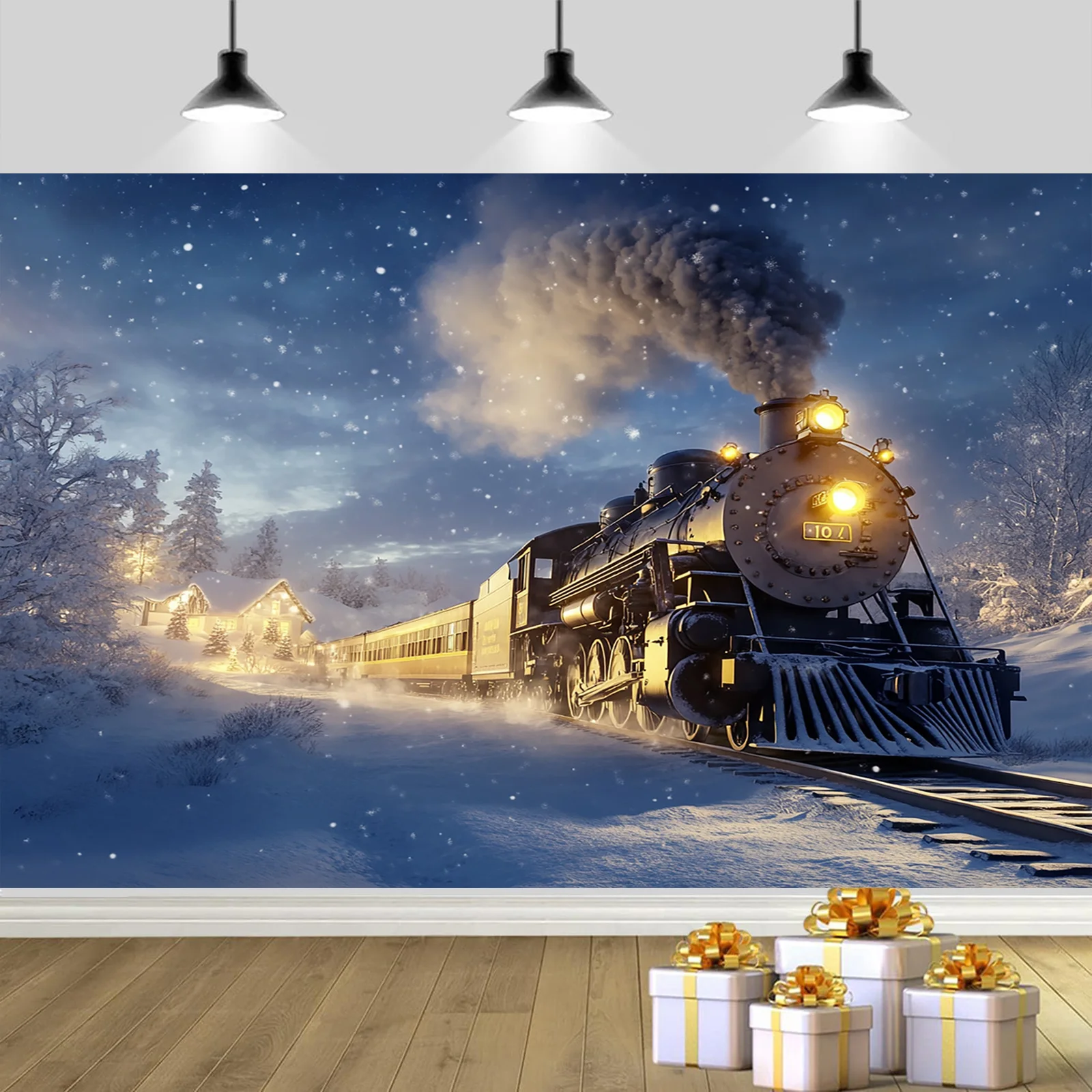 1 لافتة خلفية Polar Express - قاطرة بخارية ريترو في الشتاء الثلجي، رقاقات الثلج المتساقطة، عيد الميلاد، الزفاف، عيد الميلاد