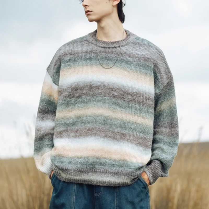 

Gradient Stripe Round Neck Pullover Sweater Men Winter Couple Women Soft Warm Knit Tops