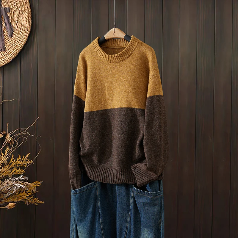 

Korean Artistic Loose Color Blo Knitwear Casual round Ne Base irt Autumn New Sle Women's Faionable Sweater