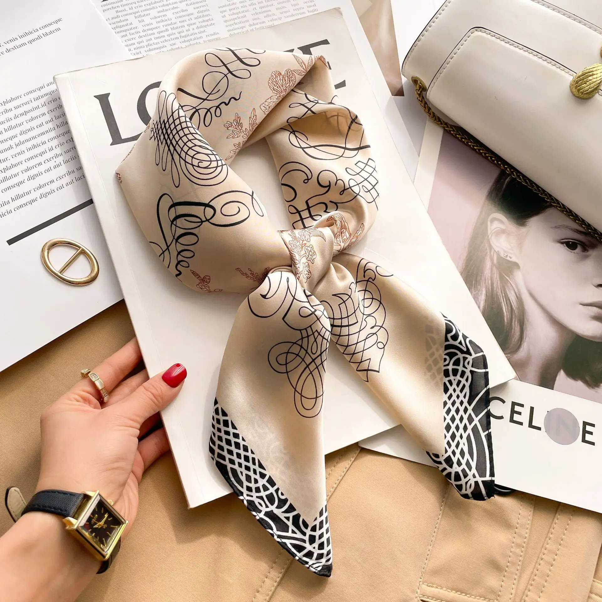 2025 sommer Hijab Kopf Mädchen Luxus Seide Quadrat Plaid Schal Frauen Satin Hals Haar Krawatte Band Weiche Arbeit Halstuch – Detail 1