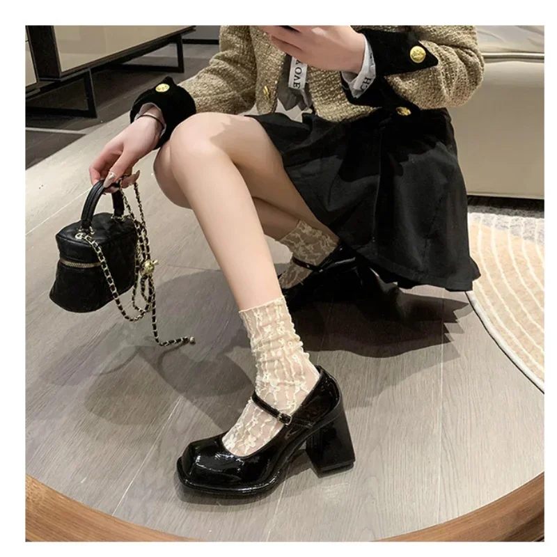 Ladies Summer Black New Small Leather Shoes Mary Janes Vintage Buckle Non-Slip Sandals Woman Medium Heels Casual Elegant Heels