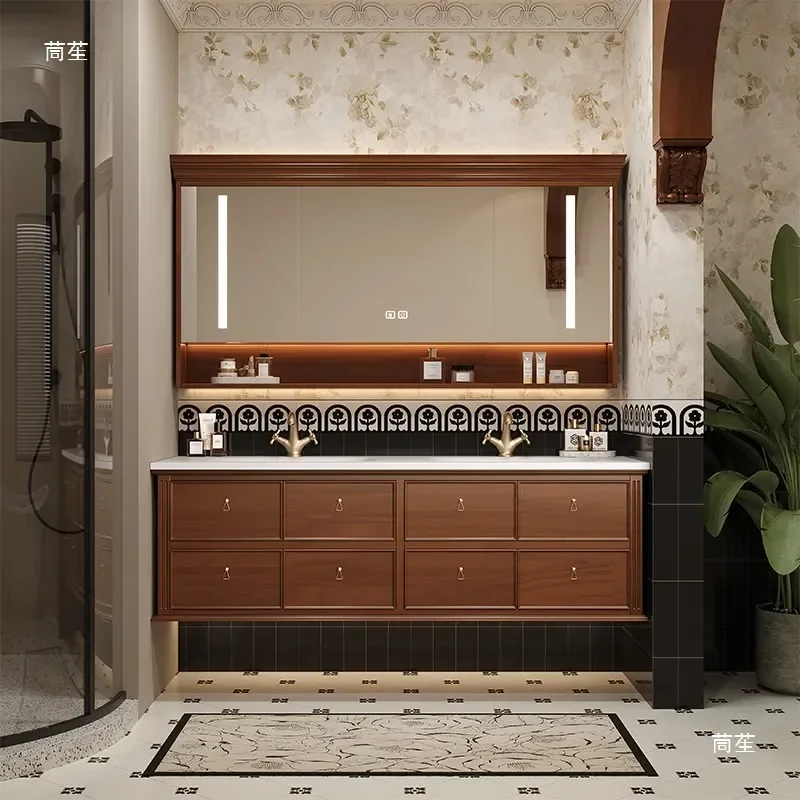 American Retro Style Bathroom Cabinet with Double Basin Rock Slab Hot Bending Integrated Washbasin French Style Sink Pool