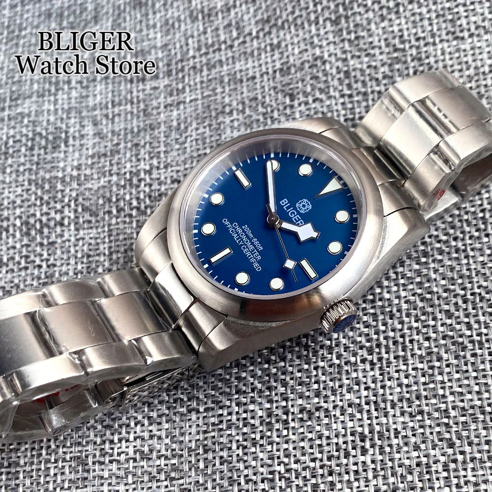 BLIGER 36mm 39mm Brushed Case Automatic Men Watch NH35A PT5000 Luminous Snow Flake Hand Sapphire Steel Bracelet Blue Green dial