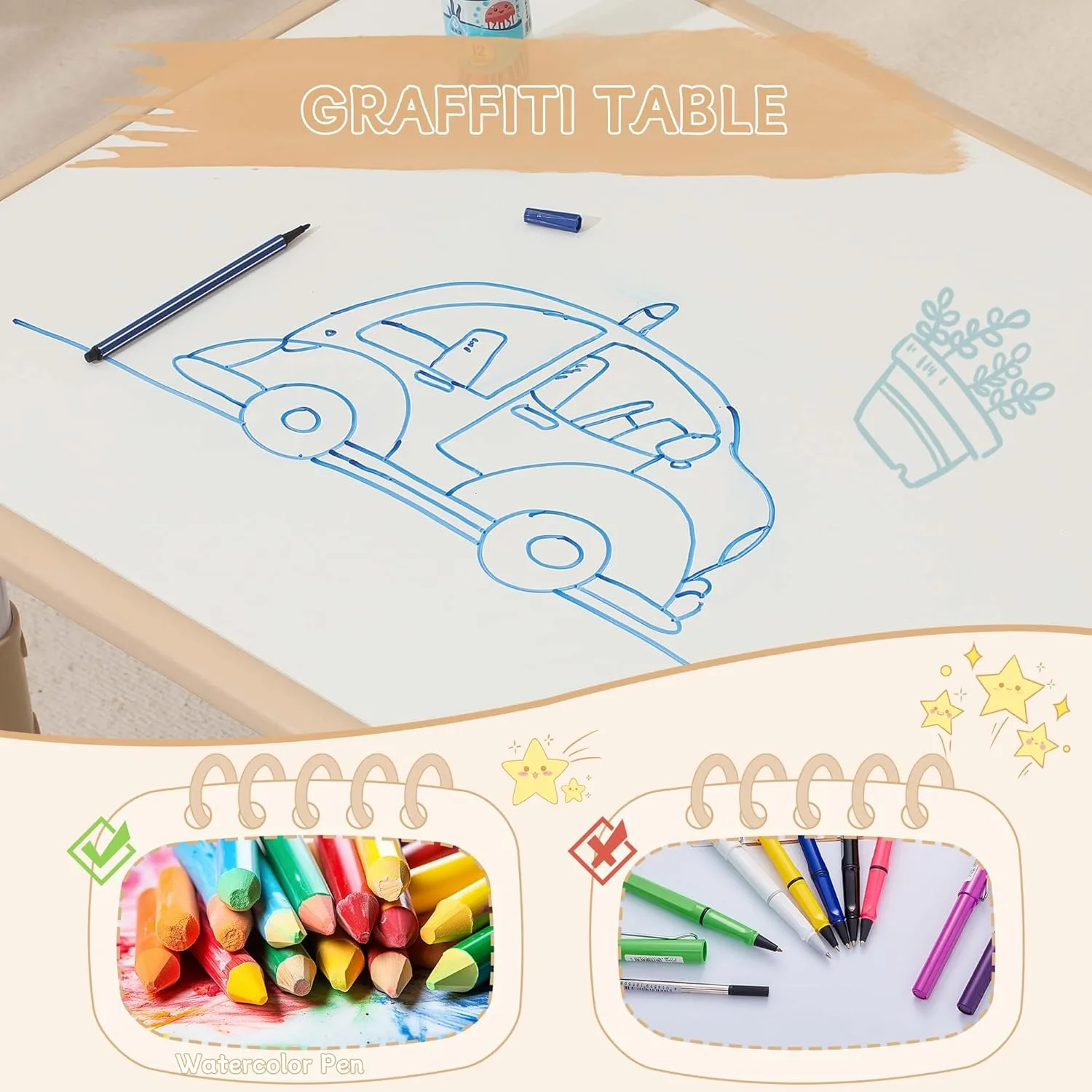 Mesa y sillas ajustables para niños pequeños, mesa de estudio para niños con escritorio Graffiti y cubiertas antideslizantes para pies