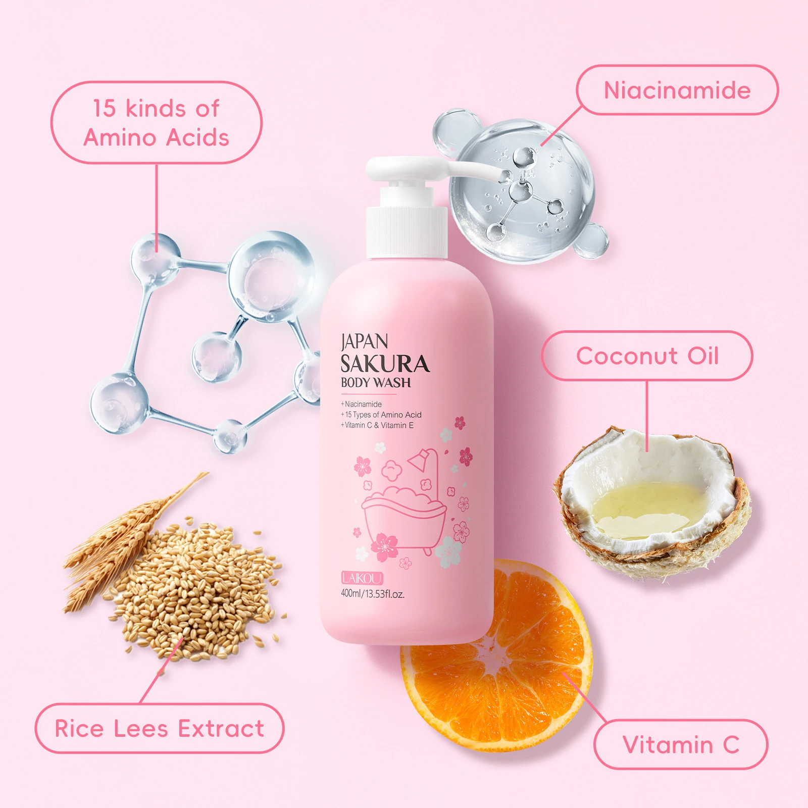

LAIKOU Japanese Sakura Shower Gel, Hydrating Moisturizing Body Wash for All Skin Types, Fresh Floral Scent Bath Gel 400ml