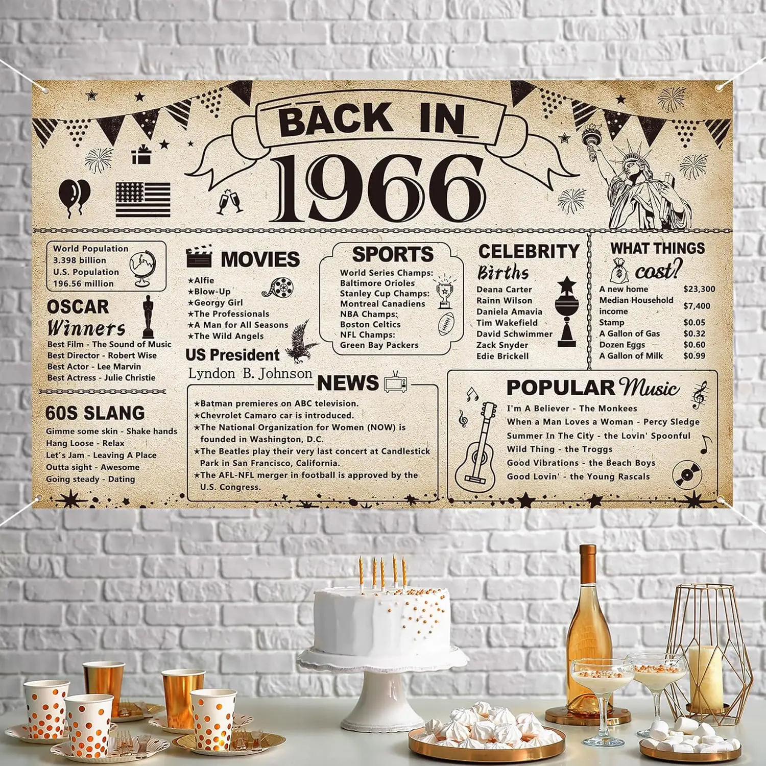 Partydekorationen zum 60. Geburtstag, Vintage-Banner „Zurück in 1966, 60-jähriges Geburtstagsparty-Poster, Zubehör, Vintage 1966, Hintergrund