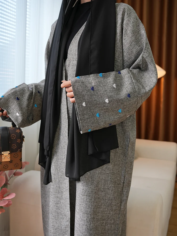 Abaya en lin avec manches chauve-souris brodées pour femmes, vêtements islamiques, élégant, sans hijab, Ramadan, 2024