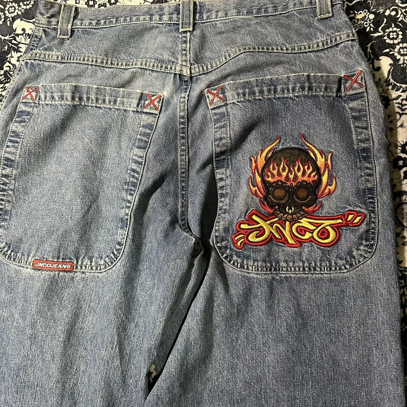 

American Retro Washed Gothic JNCO Embroidered Pattern Jeans Men Y2K New Street Hip Hop Straight Mopping Wide Leg Pants Unisex