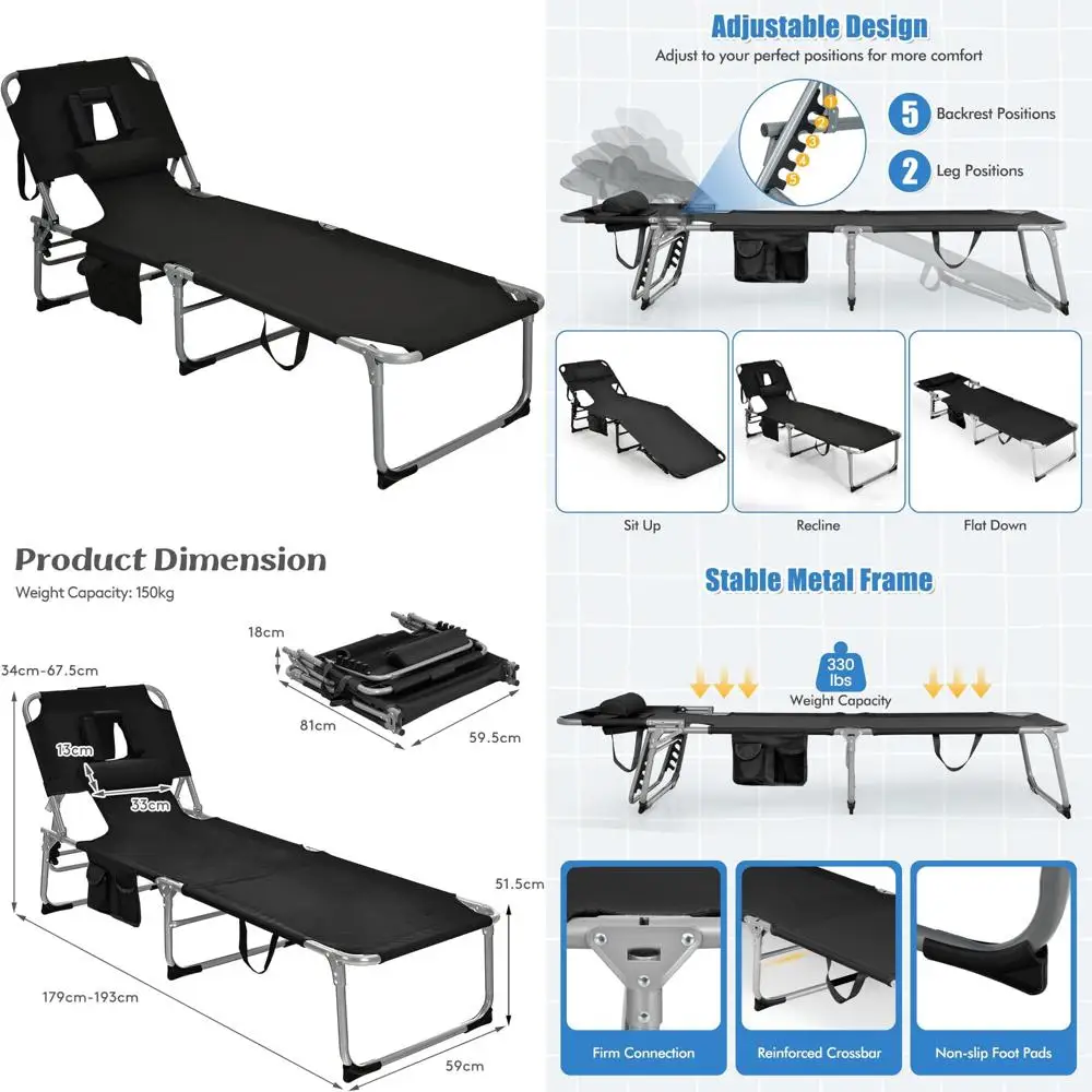 

Adjustable 5-Position Folding Beach Lounge Chair with Face Hole, Tanning Chair, Pillow, Side Pocket, Compact and Portable for Ou