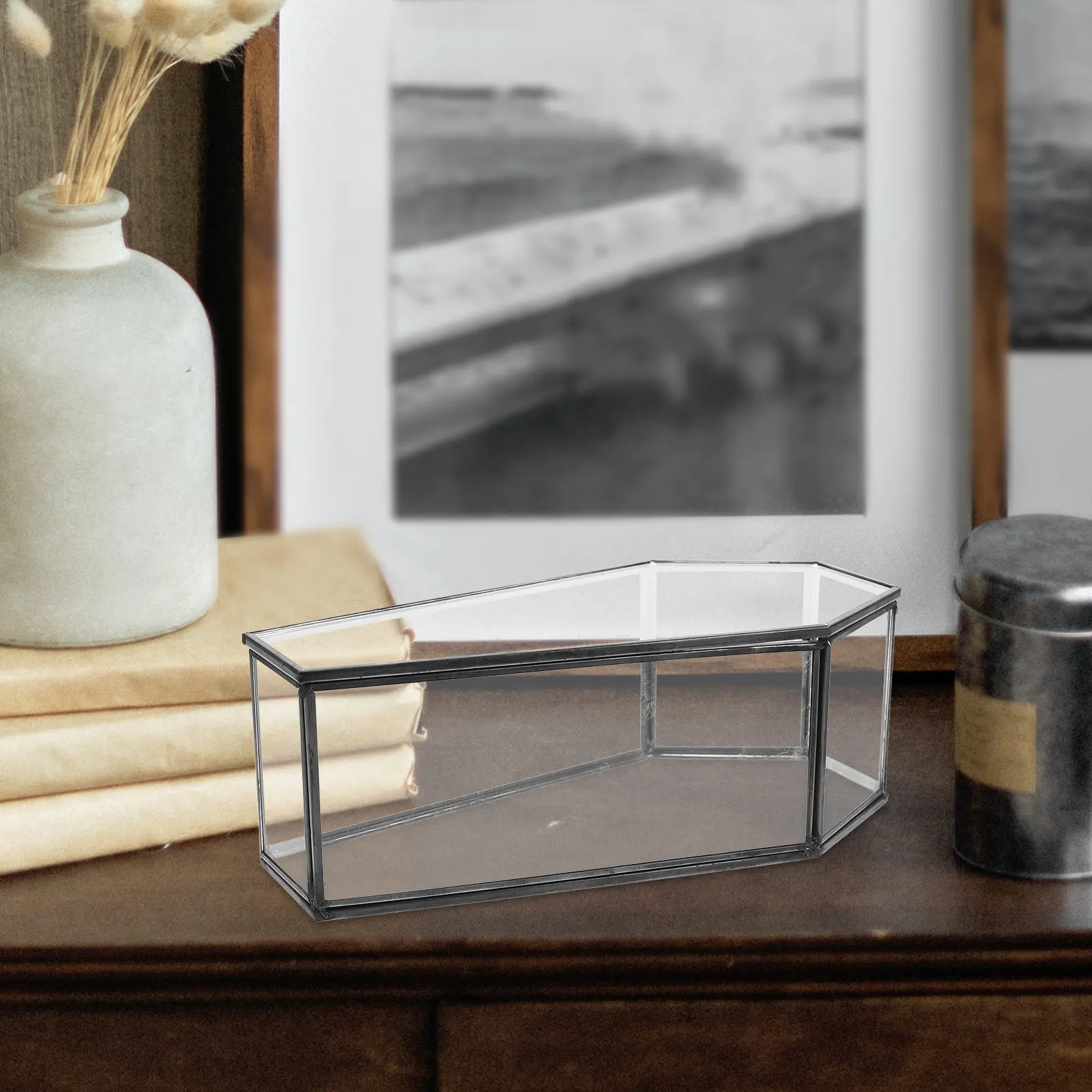 

Black Glass Coffin Display Box Vintage Gothic Jewelry Case Hinged Lid Halloween Candy Tray Decorative Storage Small Box