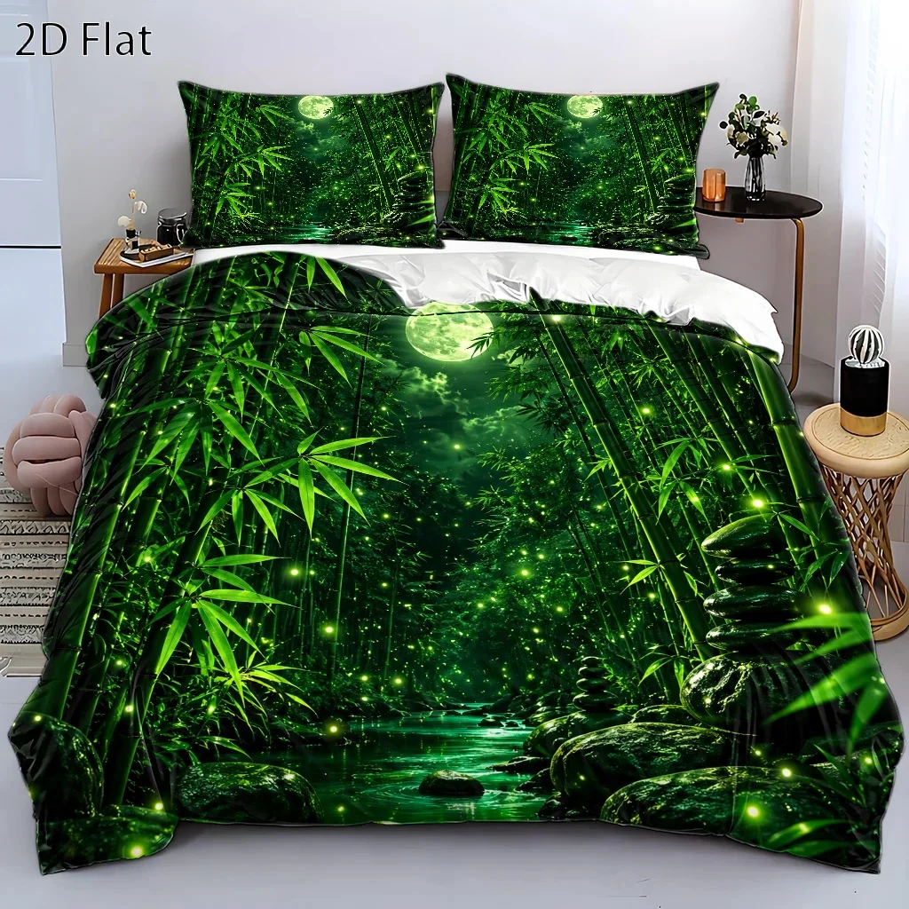 3-Piece Natural Style Bamboo Shadow Firefly Moon Duvet Cover Set, Three-Piece Bedding Set (1 Duvet Cover + 2 Pillowcases), Suitable for All Seasons, Machine Washable, with Invisible Zipper, Large Double Bed Cover, Suitable for Home, Dormitory, Master Bedroom, Guest Room, Forest Style Bamboo Forest and Stream Night Scene Bedding Set, Tranquil Moonlight Firefly Element Bedding, Skin-Friendly Breathable Bedding Set, Fresh Natural Style Bedroom Bedding Three-Piece Set