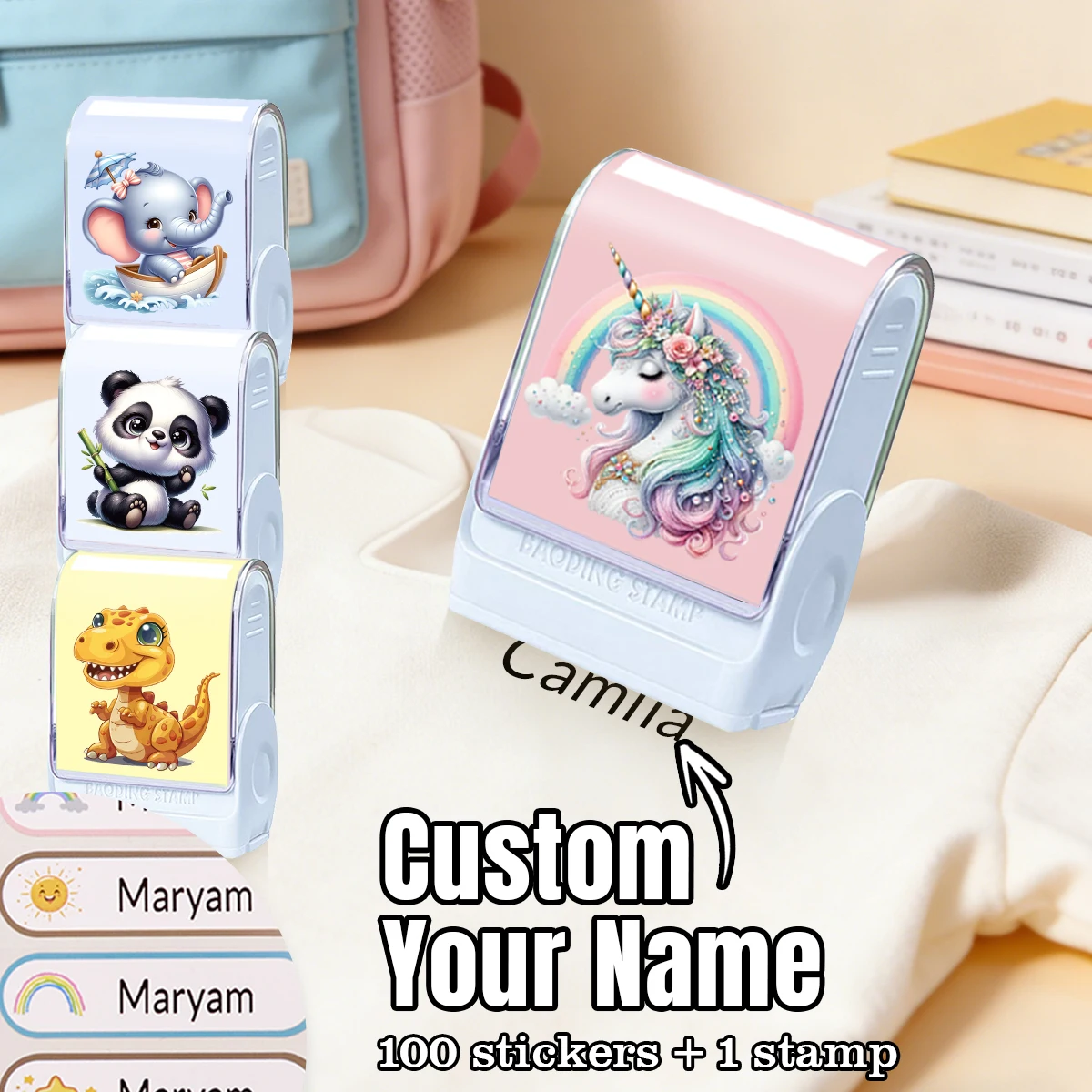 Personalisierter Namensstempel mit Aufklebern, Cartoon-Muster Namensstempel, personalisierter Cartoon-Selbstfärbestempel.