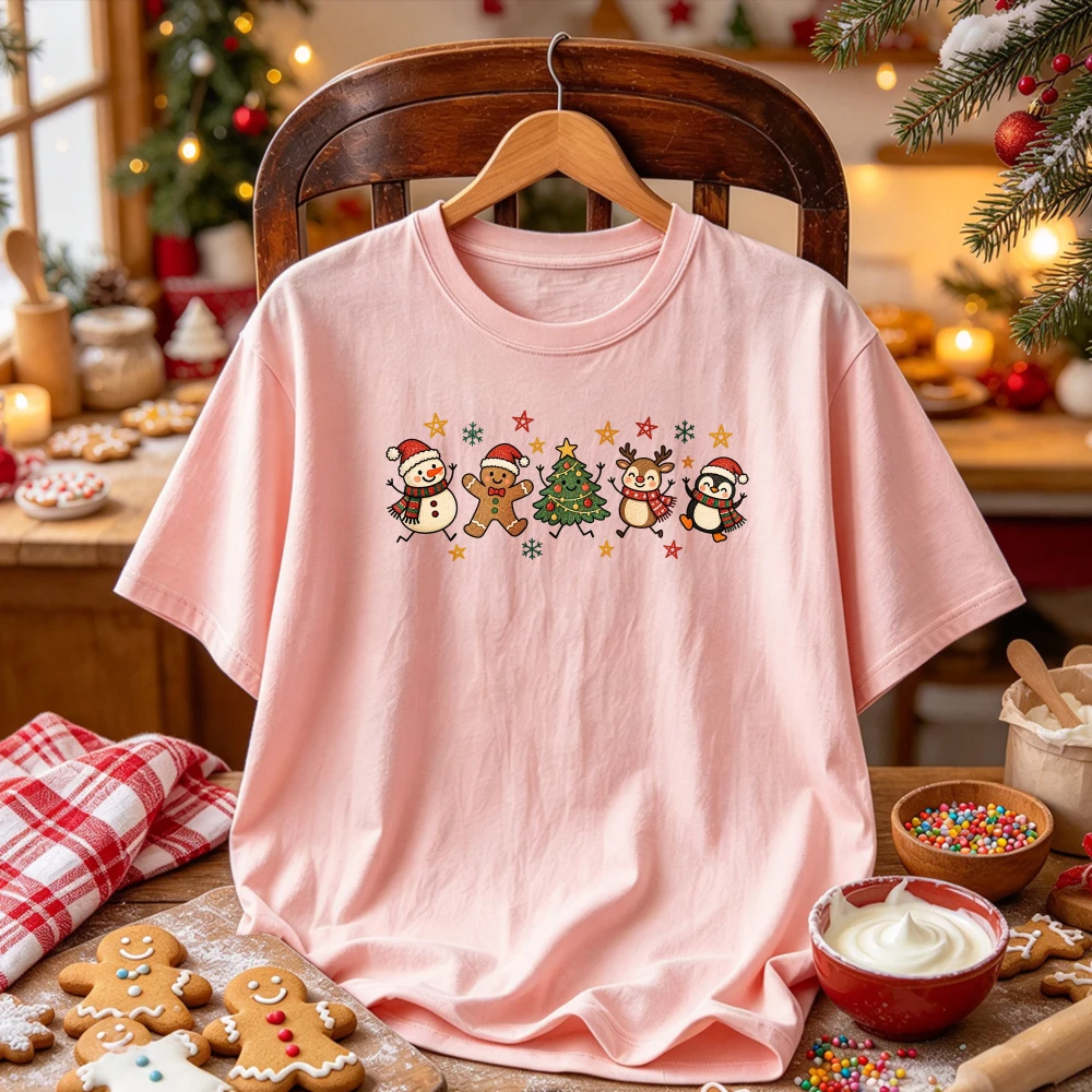Cute Christmas Character Graphic T-Shirt Snowman Gingerbread Man Xmas Tree Reindeer Penguin Star Print Funny Holiday Casual Tees