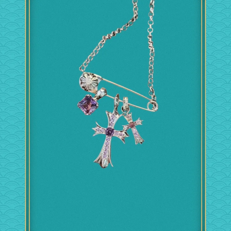 

Готическое серебряное ожерелье с крестом: двойные кресты с аметистом и подвеска из драгоценных камней на подвеске в виде булавки