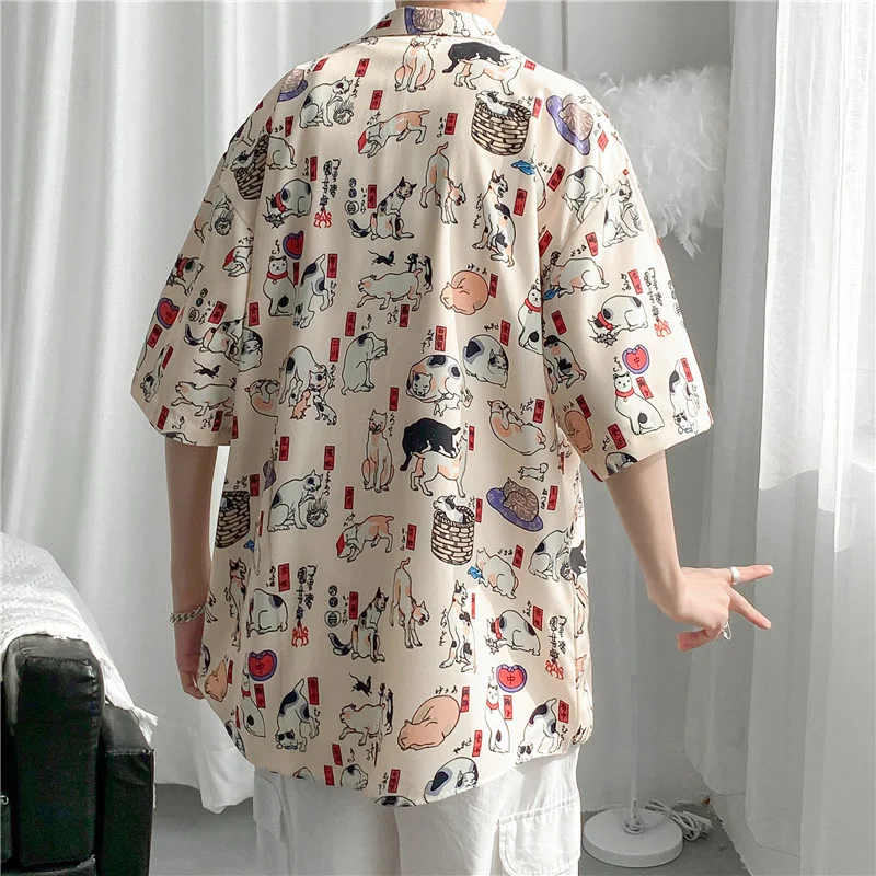 Summer Harajuku Cat Print Hawaiian Shirt Men Casual Loose Short Sleeve Vacation Beach Shirts Male All-Match Fashion Chemise