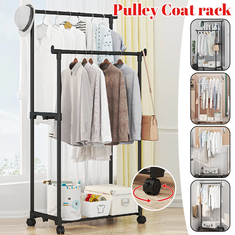 

Simple Wheeled Coat Rack Floor-Standing Single Double Rod Clothes Coat Shelf Bedroom Hanging Rack Telescopic Storage Clothes