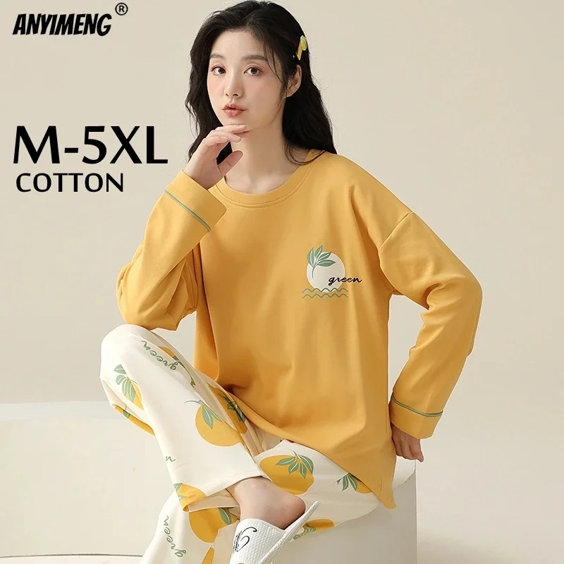 M-5XL Spring Autumn Long Sleeves Women Pajamas Comfy Cotton Pullover Sleepwear Korean Pijamas Girls Homewear Plus Size Nightwear