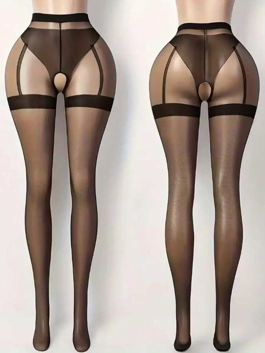 Sexy Women's Crotchless Thigh High Stockings - Sheer To Thigh, Hand Wash Only, Black Lingerie Accessory, Fashionable And Durable