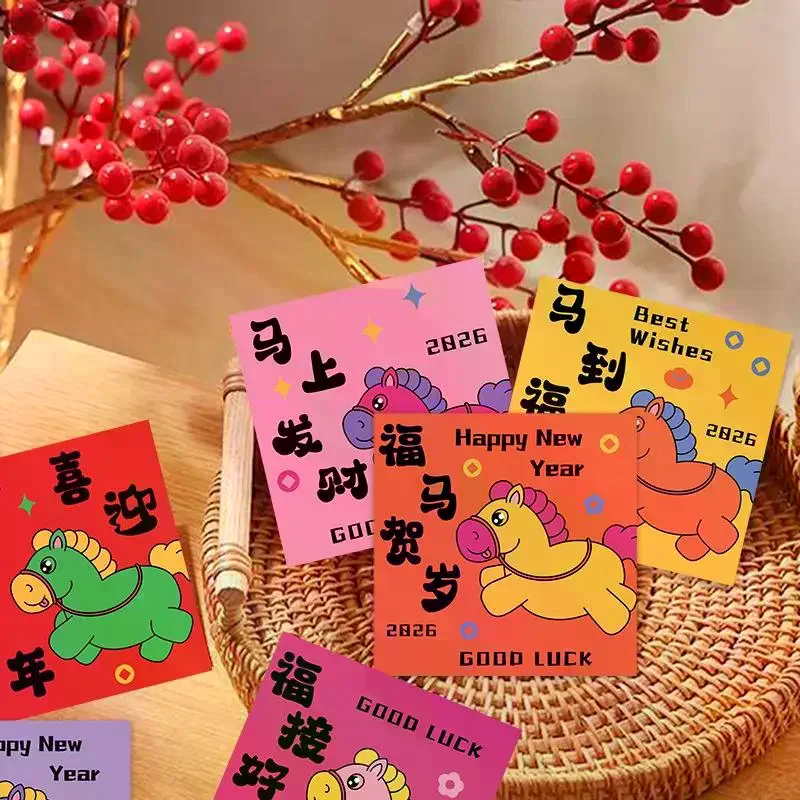 

6 шт. красных конвертов с мультяшным дизайном для Китайского Нового года 2026 (Год Лошади), традиционные, с наилучшими пожеланиями, для денег на удачу, кошельки для Праздника Весны