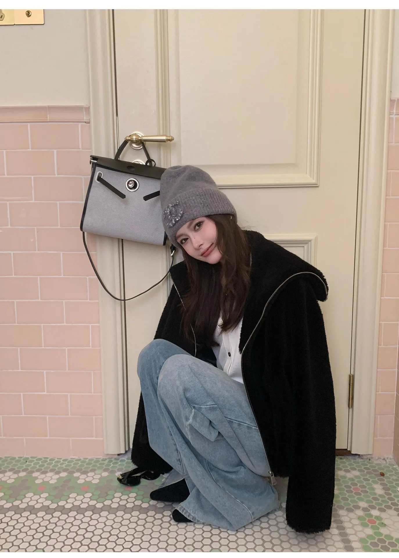 100 معطف فرو خروف بياقة كحلي من الصوف للنساء 2025 سترة شتوية لقص الأغنام سميكة ودافئة #3