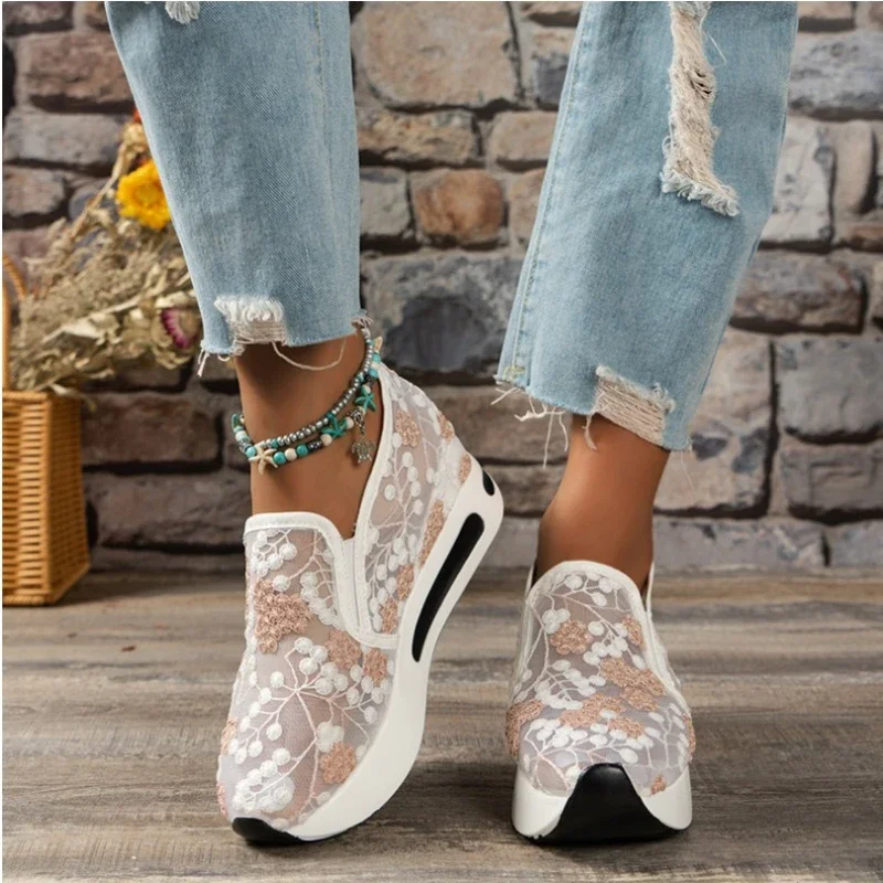 Single Shoe Women's 2024 Spring/Summer New Lace Mesh Casual Set with Elevated Cake Sole for Women's Single Shoes